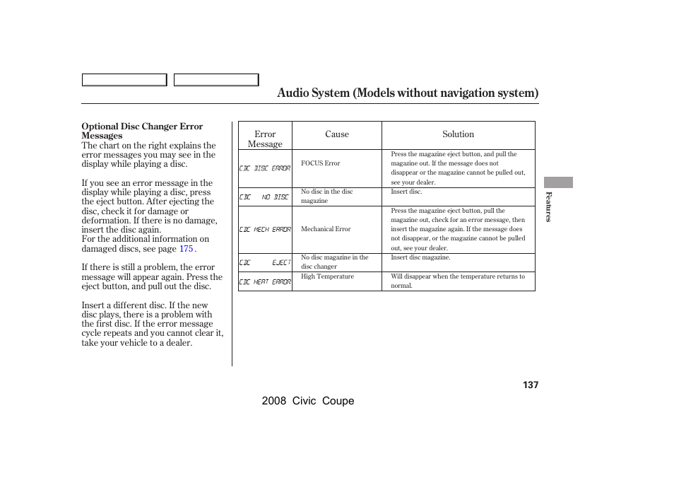 Audio system (models without navigation system), 2008 civic coupe | HONDA 2008 Civic Coupe User Manual | Page 140 / 332