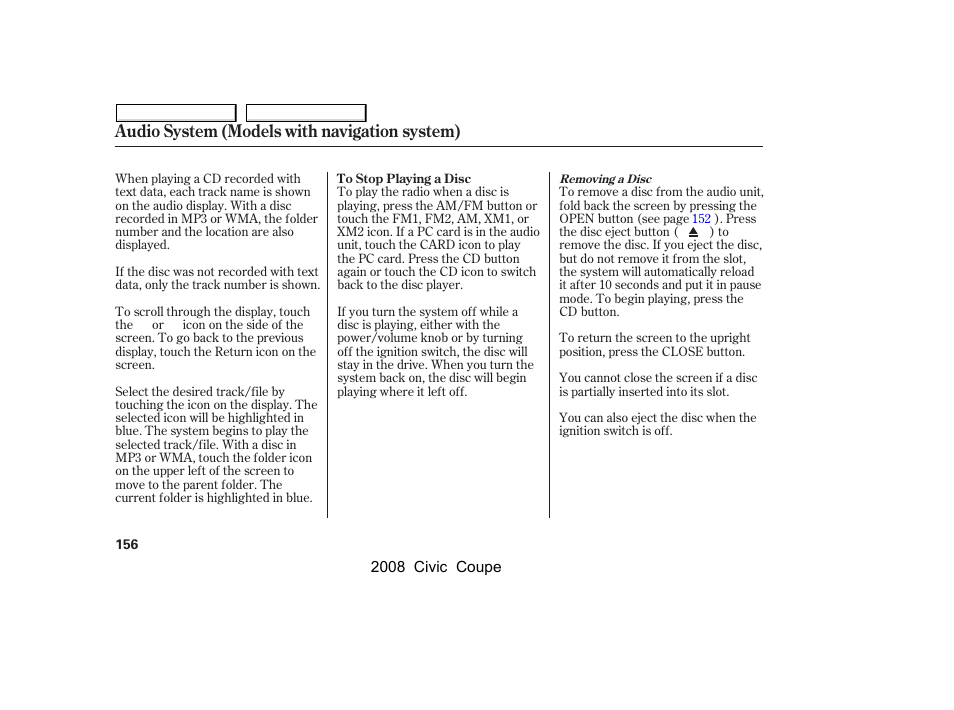 Audio system (models with navigation system) | HONDA 2008 Civic Coupe User Manual | Page 159 / 332