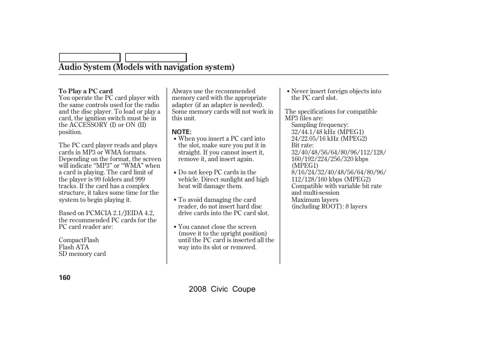 Audio system (models with navigation system) | HONDA 2008 Civic Coupe User Manual | Page 163 / 332