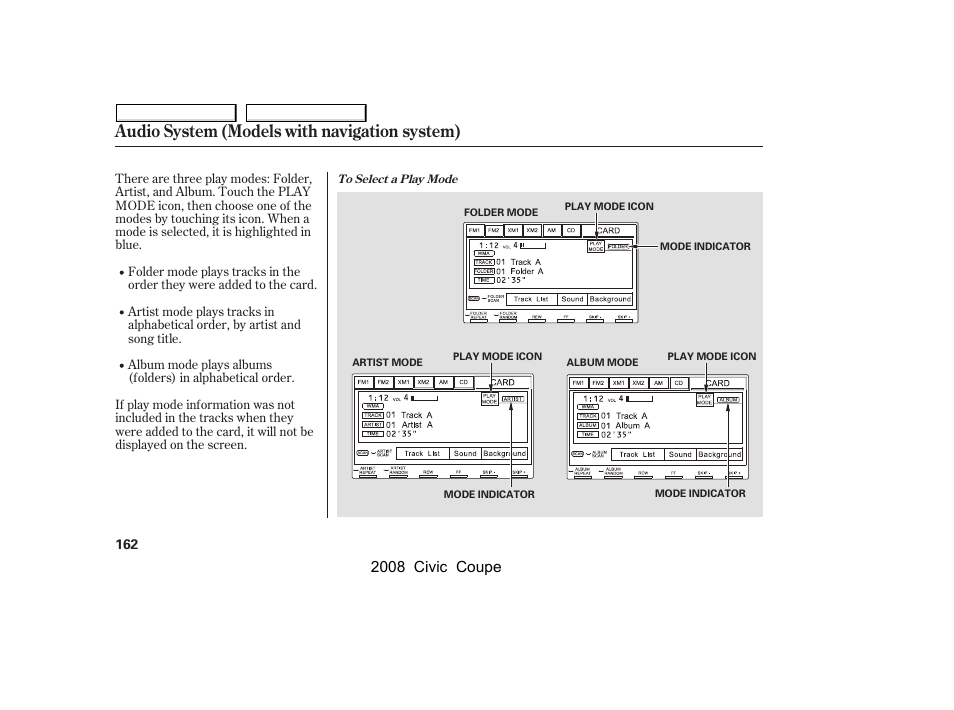 Audio system (models with navigation system), 2008 civic coupe | HONDA 2008 Civic Coupe User Manual | Page 165 / 332