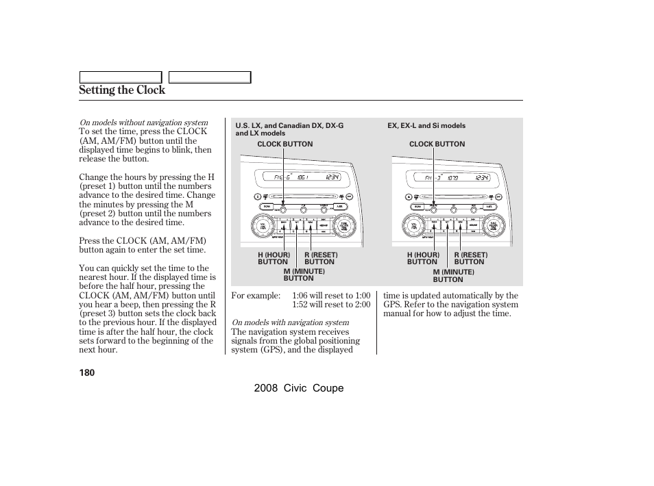 Setting the clock, 2008 civic coupe | HONDA 2008 Civic Coupe User Manual | Page 183 / 332