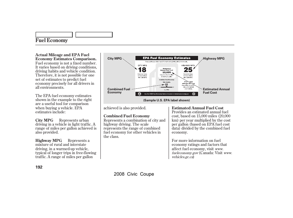 Fuel economy | HONDA 2008 Civic Coupe User Manual | Page 195 / 332