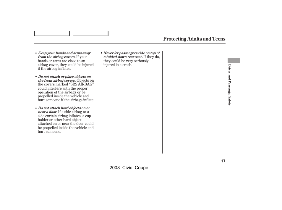 Protecting adults and teens, 2008 civic coupe | HONDA 2008 Civic Coupe User Manual | Page 20 / 332