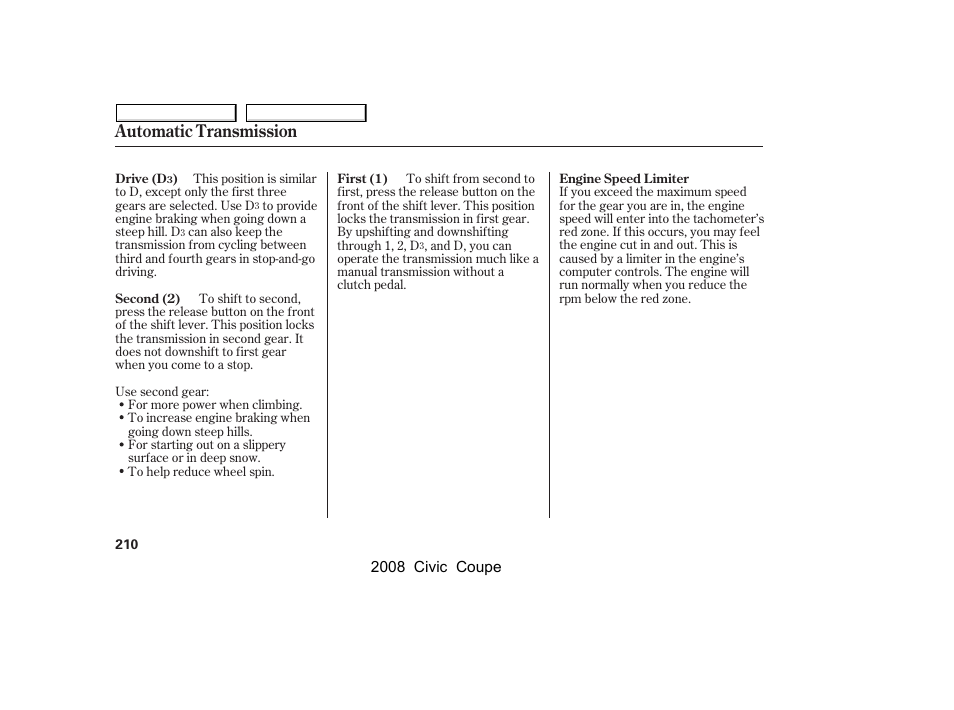 Automatic transmission | HONDA 2008 Civic Coupe User Manual | Page 213 / 332