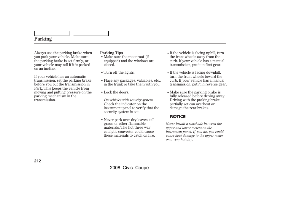 Parking | HONDA 2008 Civic Coupe User Manual | Page 215 / 332