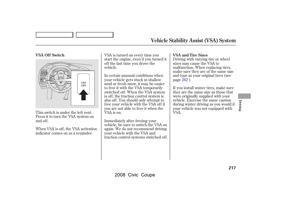 Vehicle stability assist (vsa) system | HONDA 2008 Civic Coupe User Manual | Page 220 / 332