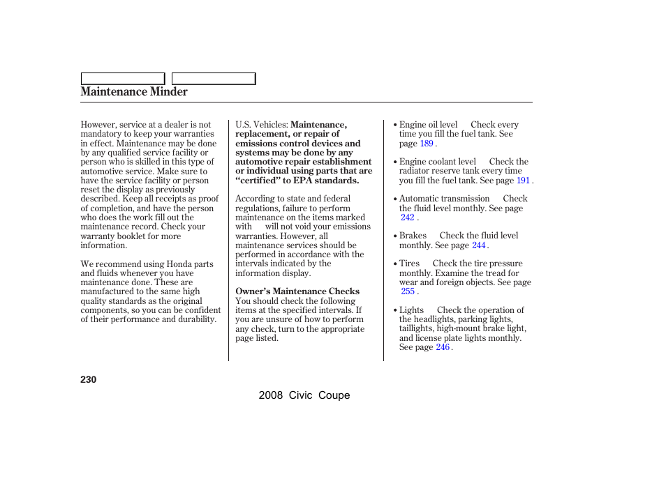 Maintenance minder | HONDA 2008 Civic Coupe User Manual | Page 233 / 332