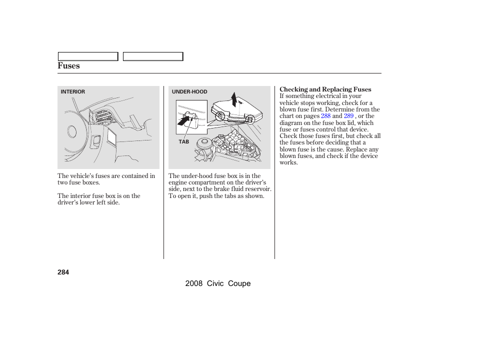 Fuses | HONDA 2008 Civic Coupe User Manual | Page 287 / 332