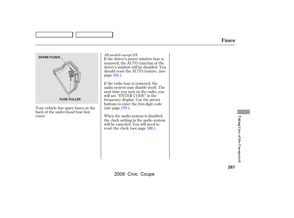 Fuses, 2008 civic coupe | HONDA 2008 Civic Coupe User Manual | Page 290 / 332