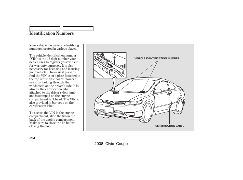 Identification numbers | HONDA 2008 Civic Coupe User Manual | Page 297 / 332