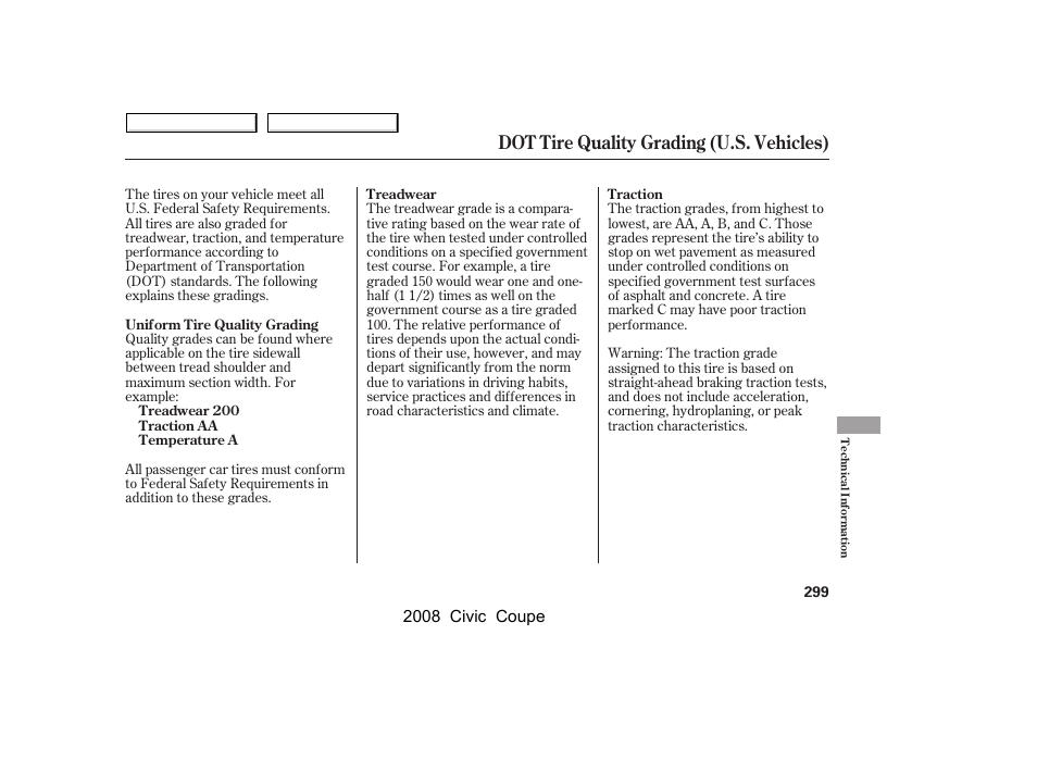 Dot tire quality grading (u.s. vehicles) | HONDA 2008 Civic Coupe User Manual | Page 302 / 332