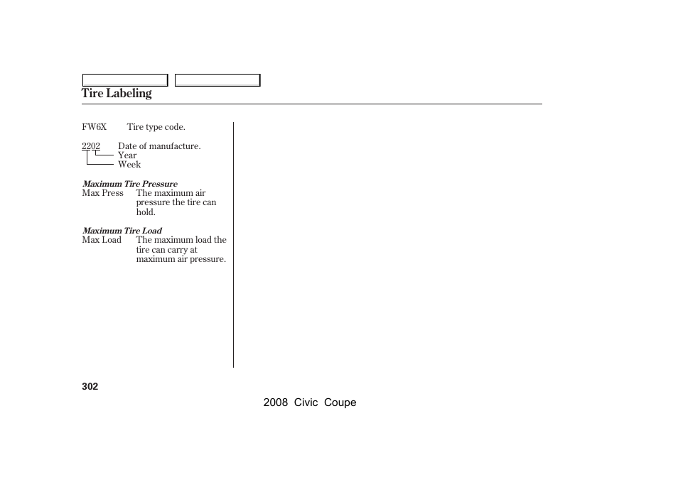 Tire labeling | HONDA 2008 Civic Coupe User Manual | Page 305 / 332