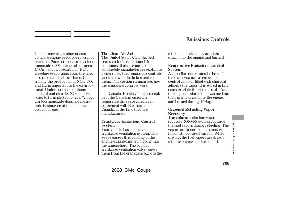 Emissions controls | HONDA 2008 Civic Coupe User Manual | Page 308 / 332