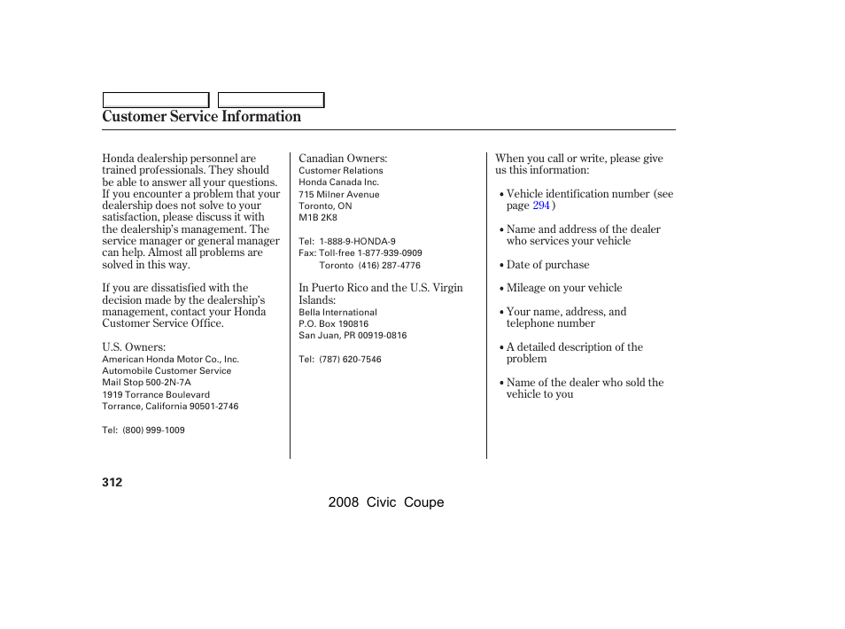 Customer service information | HONDA 2008 Civic Coupe User Manual | Page 315 / 332