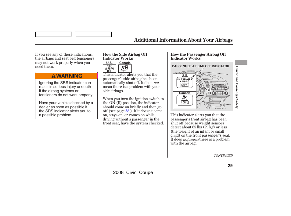 Additional information about your airbags, 2008 civic coupe | HONDA 2008 Civic Coupe User Manual | Page 32 / 332