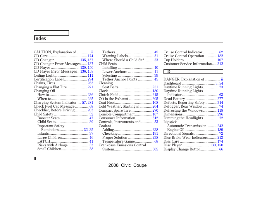 Index | HONDA 2008 Civic Coupe User Manual | Page 321 / 332