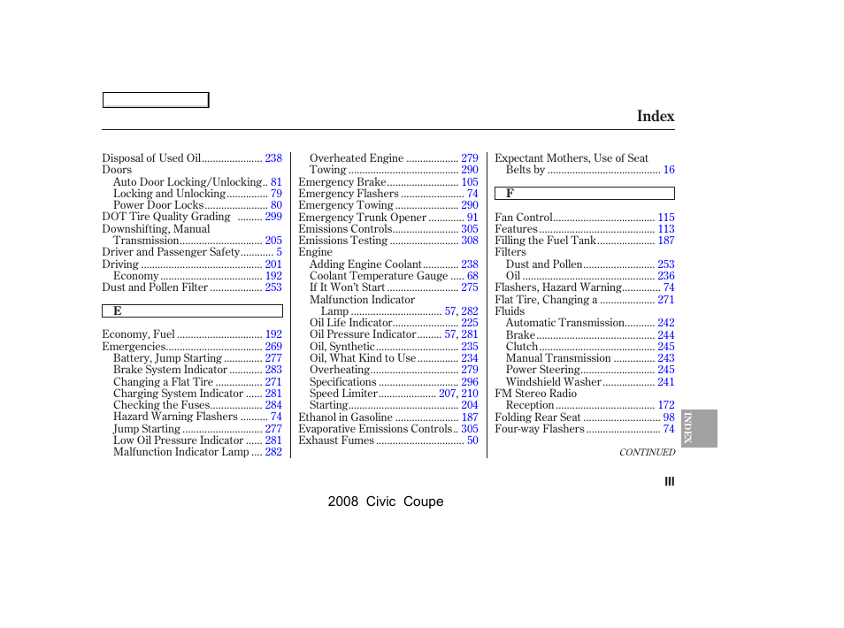 Index | HONDA 2008 Civic Coupe User Manual | Page 322 / 332