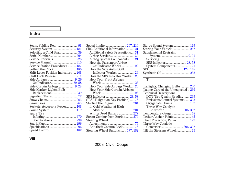 Index | HONDA 2008 Civic Coupe User Manual | Page 327 / 332