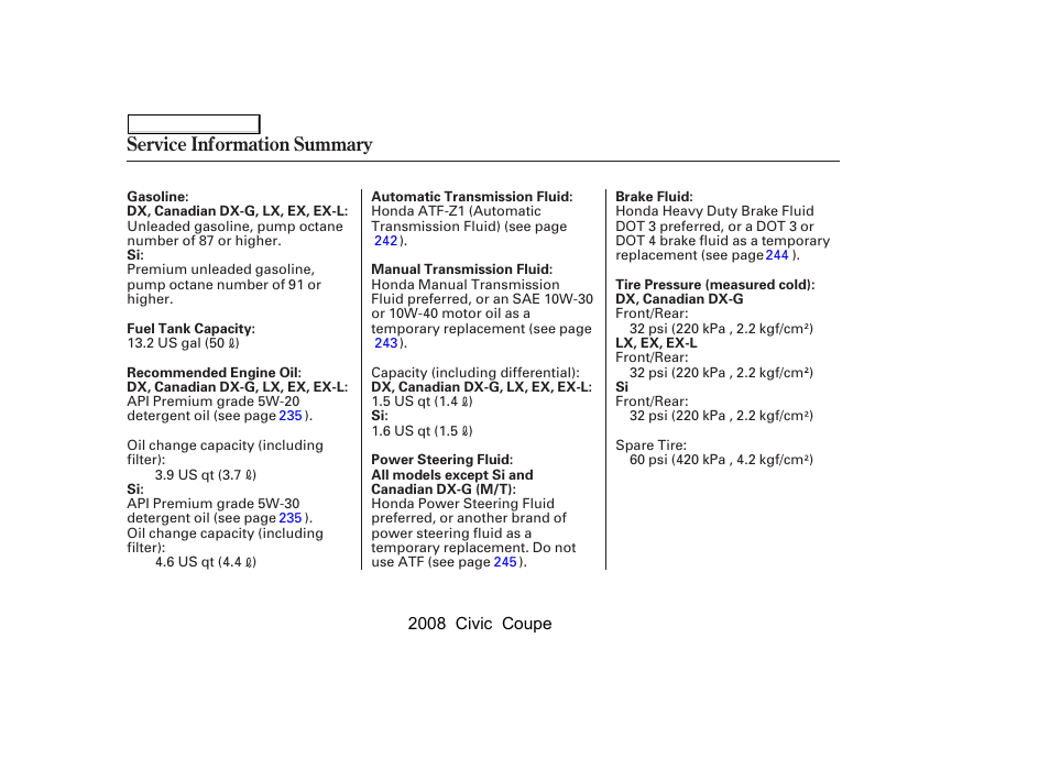 Service information summary | HONDA 2008 Civic Coupe User Manual | Page 331 / 332