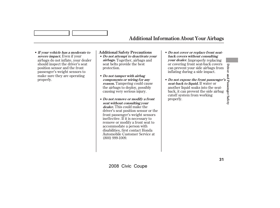 Additional information about your airbags, 2008 civic coupe | HONDA 2008 Civic Coupe User Manual | Page 34 / 332