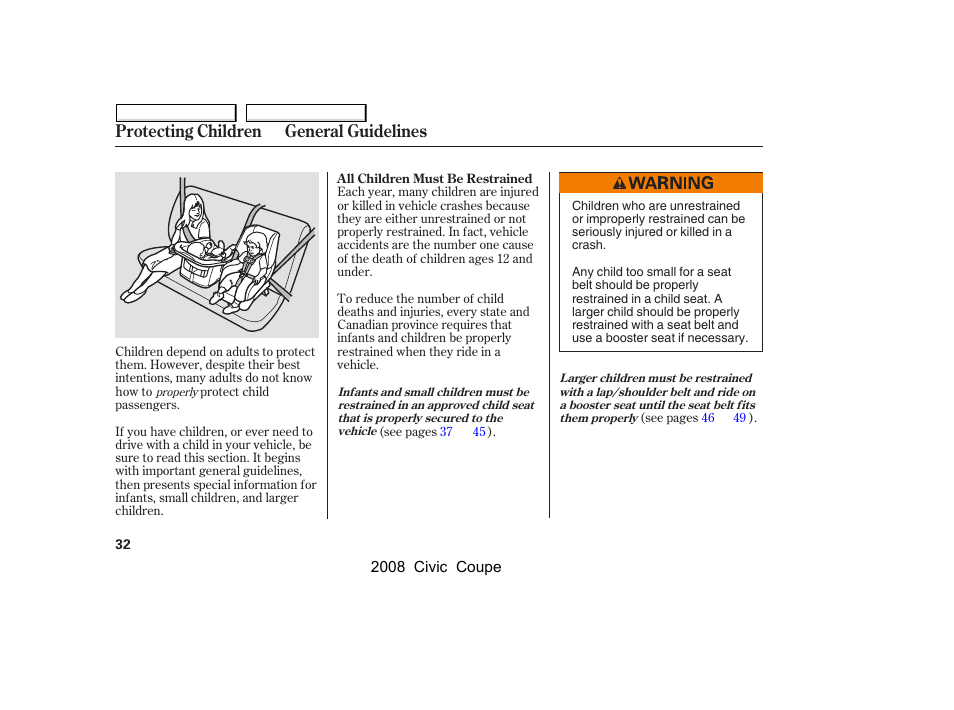 Protecting children general guidelines | HONDA 2008 Civic Coupe User Manual | Page 35 / 332