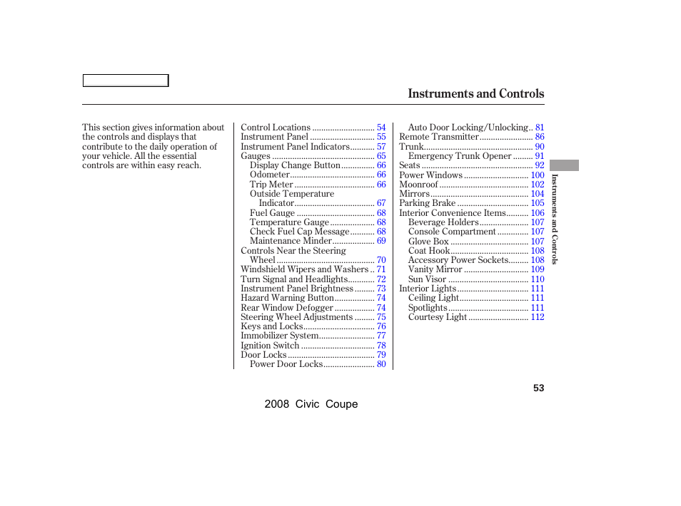 Instruments and controls | HONDA 2008 Civic Coupe User Manual | Page 56 / 332