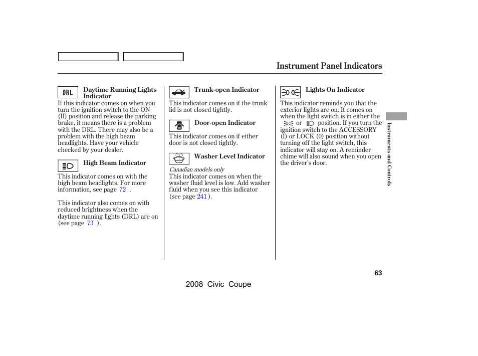 Instrument panel indicators | HONDA 2008 Civic Coupe User Manual | Page 66 / 332