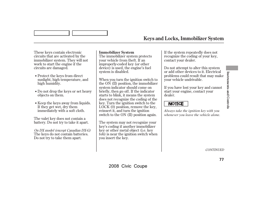 Keys and locks, immobilizer system, 2008 civic coupe | HONDA 2008 Civic Coupe User Manual | Page 80 / 332