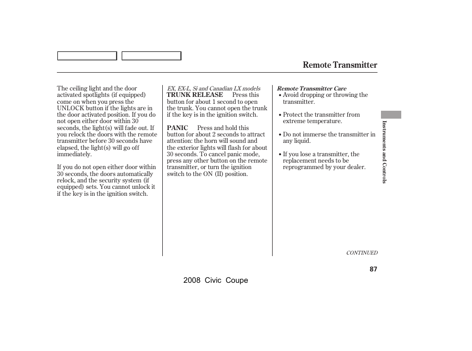 Remote transmitter, 2008 civic coupe | HONDA 2008 Civic Coupe User Manual | Page 90 / 332