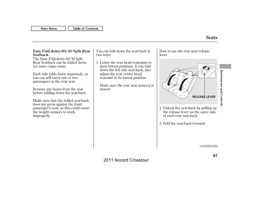 Seats, 2011 accord crosstour | HONDA 2011 Accord Crosstour User Manual | Page 100 / 434