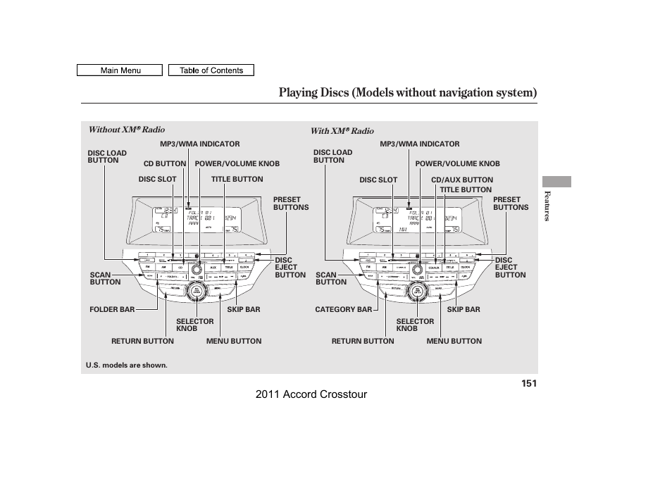 Playing discs (models without navigation system), 2011 accord crosstour | HONDA 2011 Accord Crosstour User Manual | Page 154 / 434