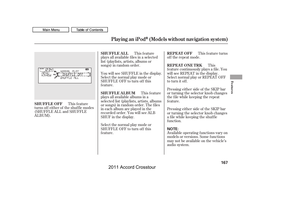 Playing an ipod (models without navigation system) | HONDA 2011 Accord Crosstour User Manual | Page 170 / 434