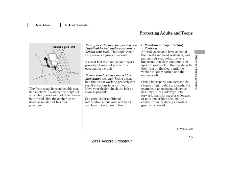 Protecting adults and teens | HONDA 2011 Accord Crosstour User Manual | Page 18 / 434