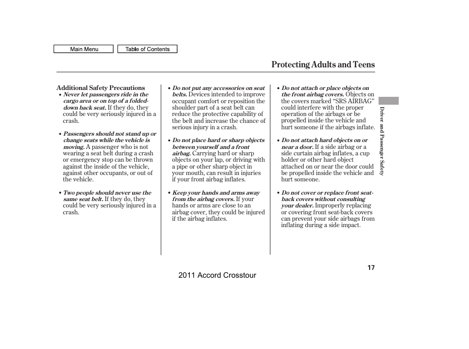 Protecting adults and teens | HONDA 2011 Accord Crosstour User Manual | Page 20 / 434