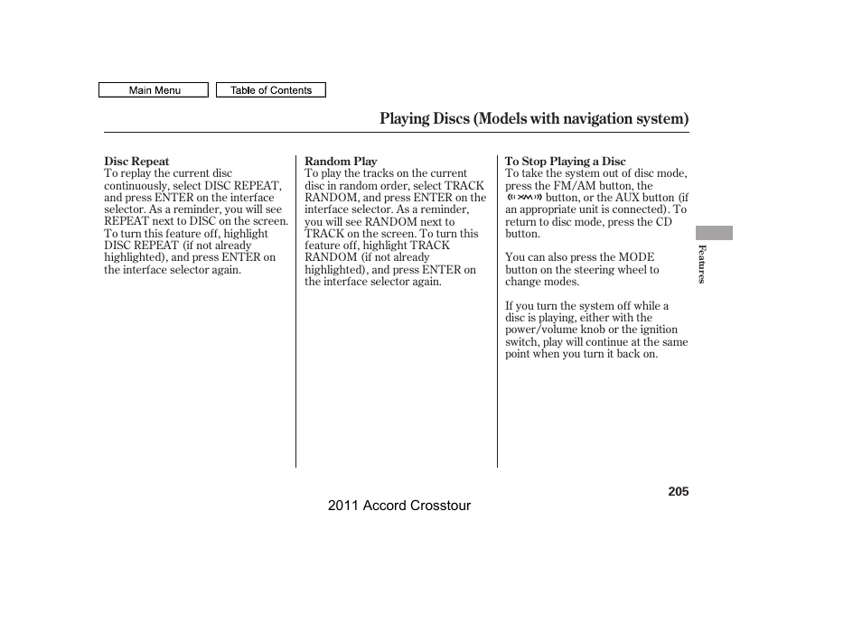 Playing discs (models with navigation system) | HONDA 2011 Accord Crosstour User Manual | Page 208 / 434