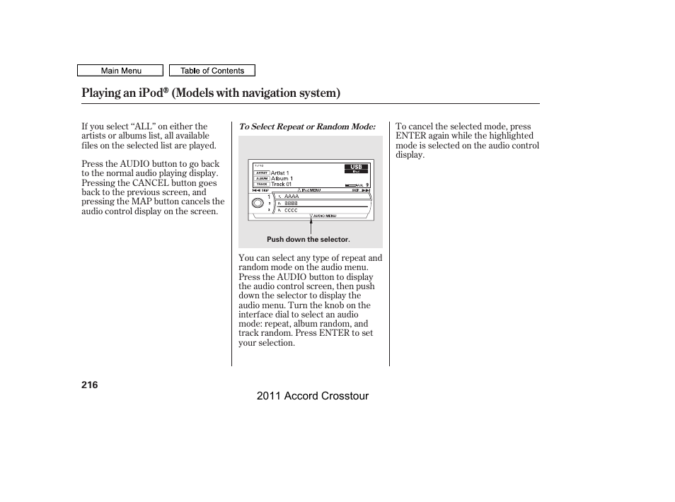 Playing an ipod (models with navigation system) | HONDA 2011 Accord Crosstour User Manual | Page 219 / 434