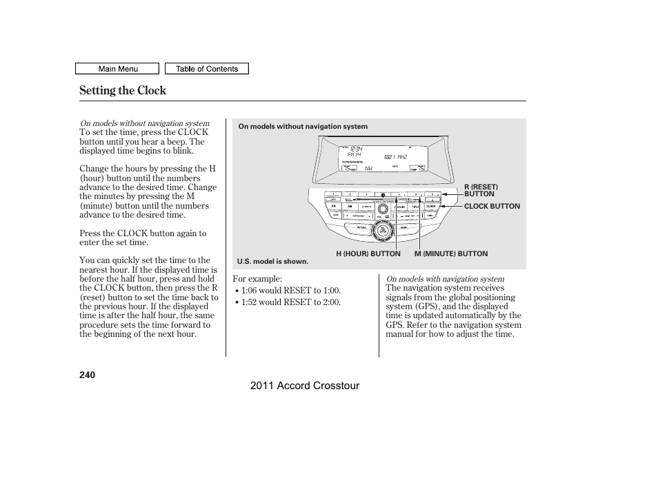 Setting the clock | HONDA 2011 Accord Crosstour User Manual | Page 243 / 434