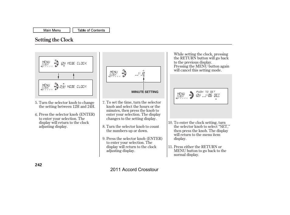 Setting the clock | HONDA 2011 Accord Crosstour User Manual | Page 245 / 434