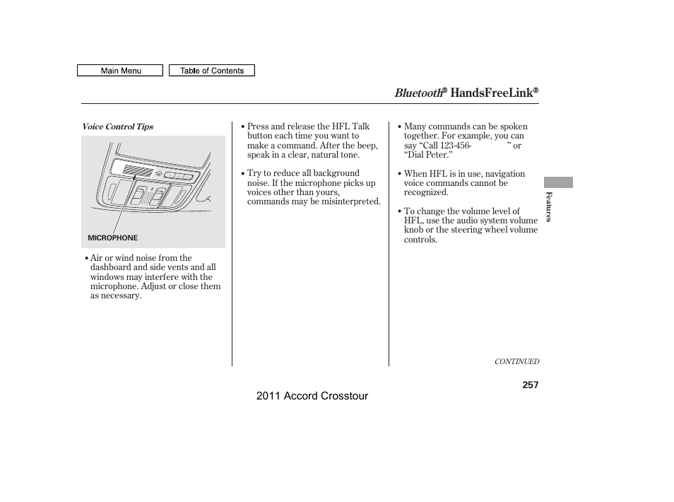 Handsfreelink, Bluetooth | HONDA 2011 Accord Crosstour User Manual | Page 260 / 434