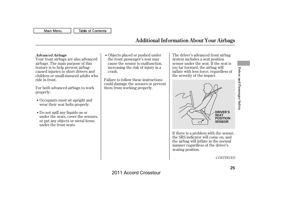 Additional information about your airbags, 2011 accord crosstour | HONDA 2011 Accord Crosstour User Manual | Page 28 / 434