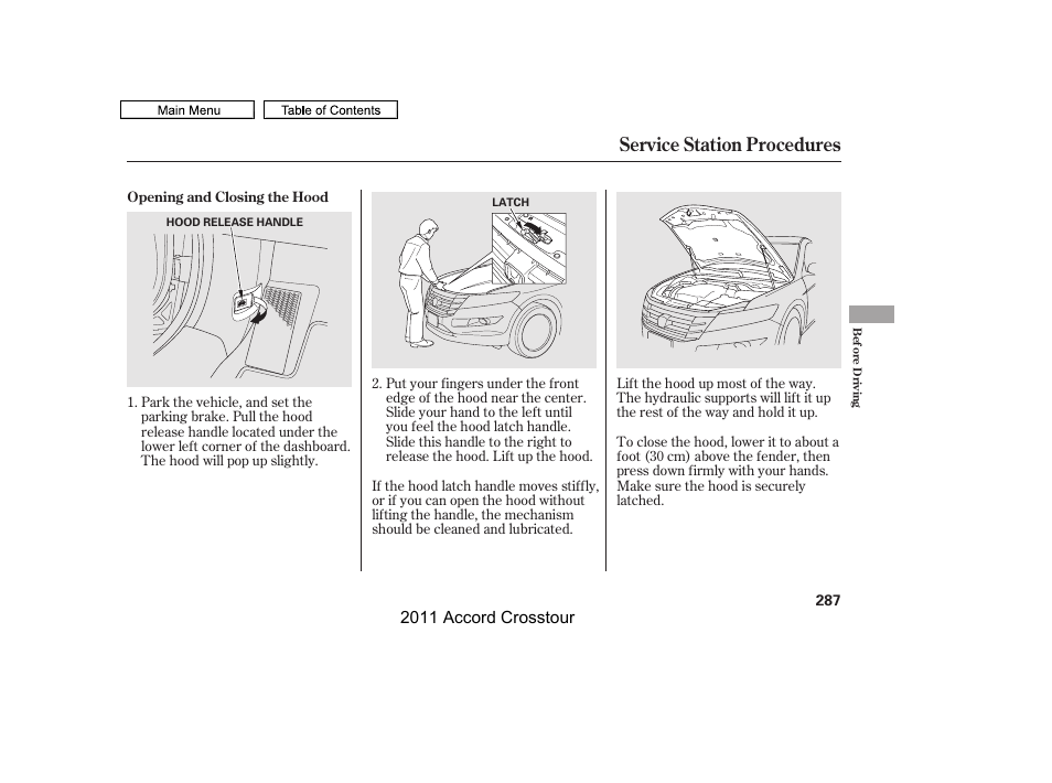 Service station procedures, 2011 accord crosstour | HONDA 2011 Accord Crosstour User Manual | Page 290 / 434