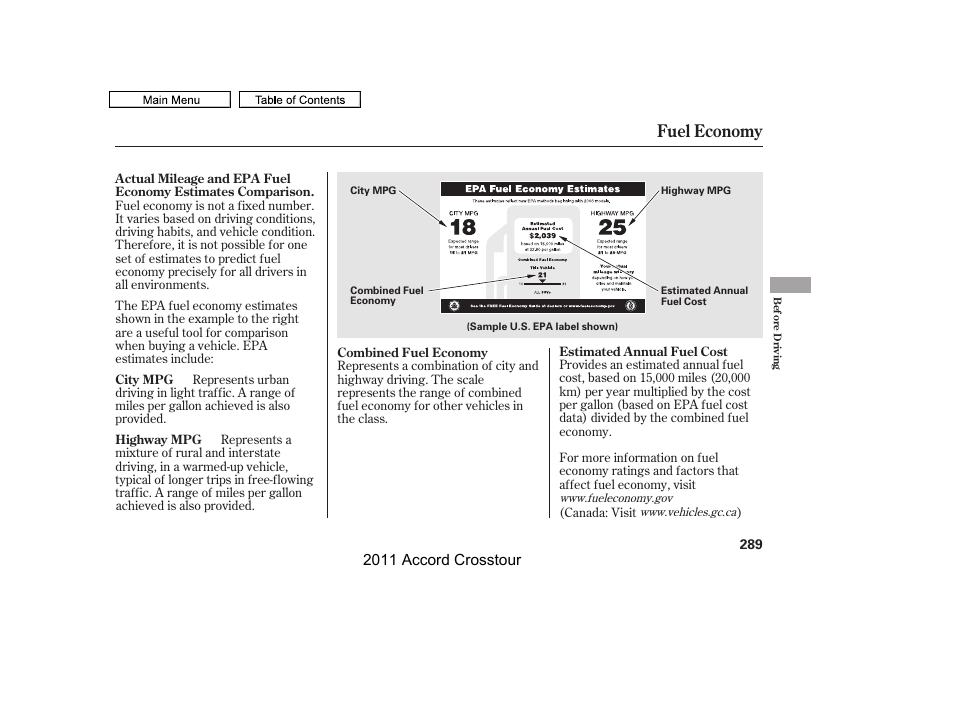 Fuel economy, 2011 accord crosstour | HONDA 2011 Accord Crosstour User Manual | Page 292 / 434