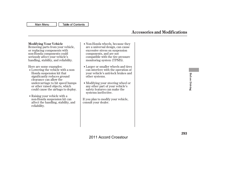 Accessories and modifications | HONDA 2011 Accord Crosstour User Manual | Page 296 / 434