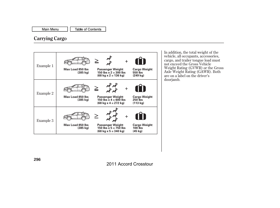 Carrying cargo, 2011 accord crosstour | HONDA 2011 Accord Crosstour User Manual | Page 299 / 434