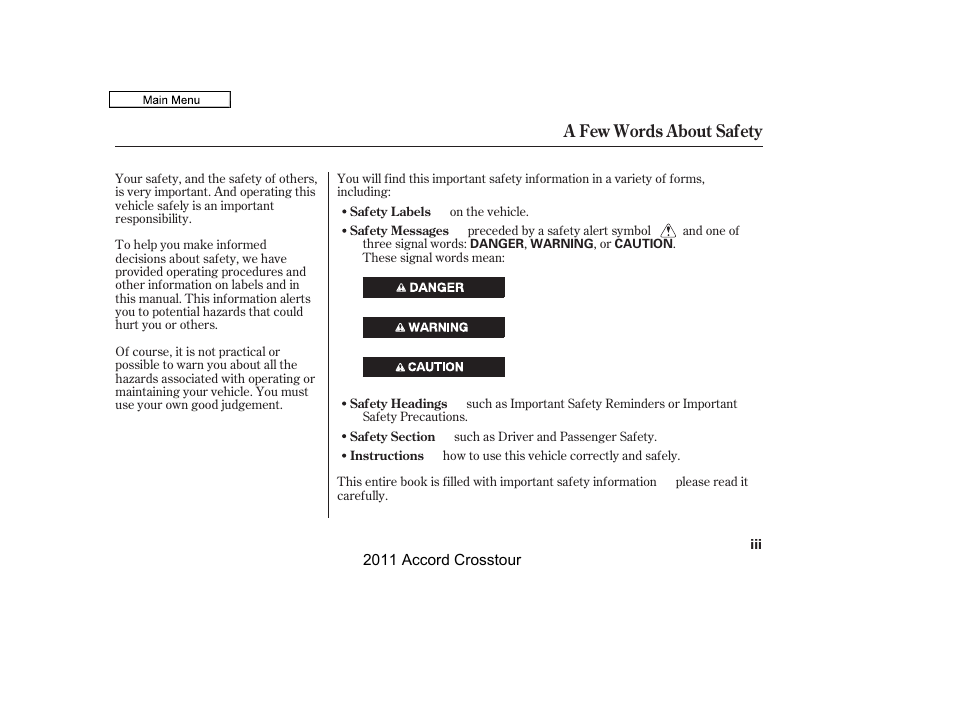 A few words about safety | HONDA 2011 Accord Crosstour User Manual | Page 3 / 434