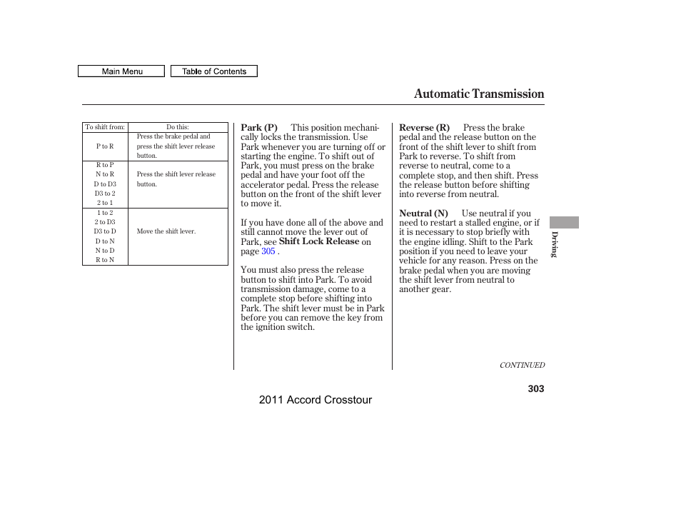 Automatic transmission, 2011 accord crosstour | HONDA 2011 Accord Crosstour User Manual | Page 306 / 434