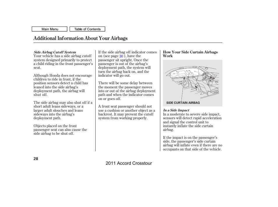 Additional information about your airbags | HONDA 2011 Accord Crosstour User Manual | Page 31 / 434