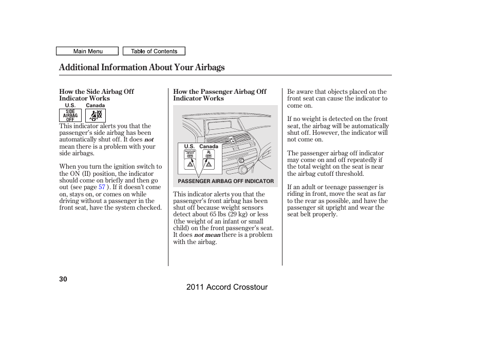 Additional information about your airbags | HONDA 2011 Accord Crosstour User Manual | Page 33 / 434