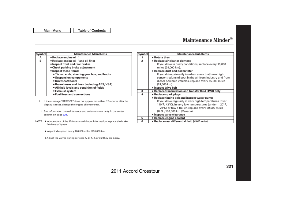 Maintenance minder, 2011 accord crosstour | HONDA 2011 Accord Crosstour User Manual | Page 334 / 434