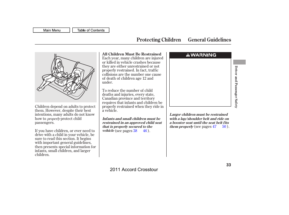 Protecting children general guidelines | HONDA 2011 Accord Crosstour User Manual | Page 36 / 434